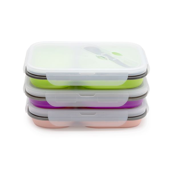Collapsible Silicone Lunch Box 2 Compartment Food Container - Set of 2 - Blue &amp; Red