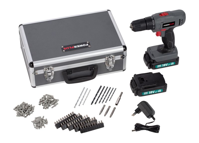 Power Plus - 18V Cordless Compact Screwdriver/Drill + Kit - Grey