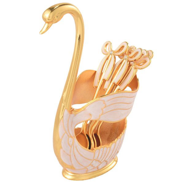 Dinnerware Set Zinc Alloy Swan Holder Cutlery Set + 6X Spoons Gold