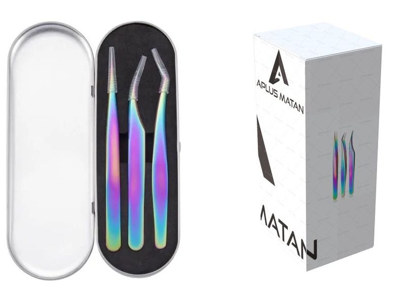 3 Piece Stainless Steel Colorful Eyelash Extension Tweezers in Metal Case