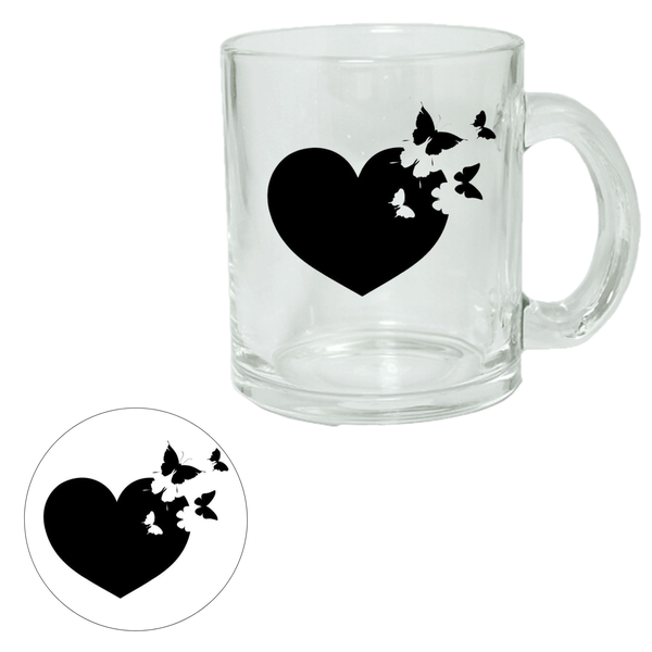 Heart &amp; Butterfly - Clear Glass Printed Mug + Coaster