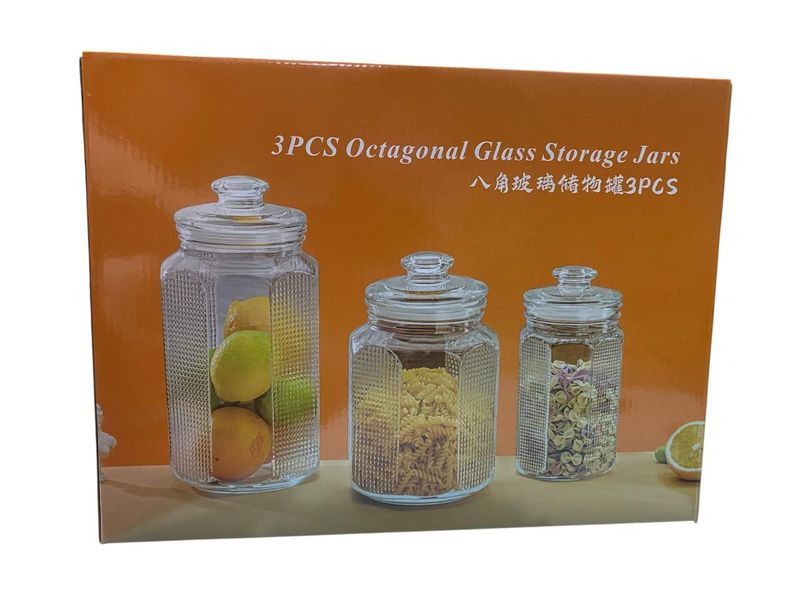 3 Pieces Octagonal Glass Storage Jars
