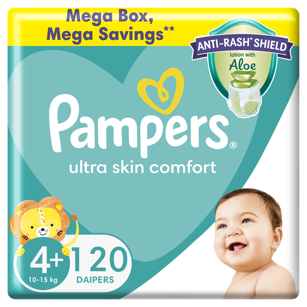 Pampers Anti-Rash Shield Taped Size4+(10-15kg),120 Nappies,Lotion with Aloe