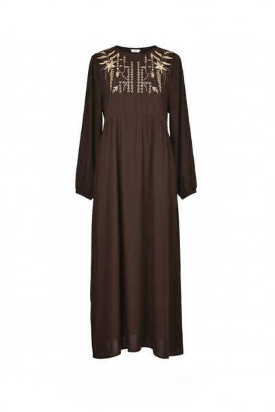 Brown Viscose Cotton Full-Length Embroidered Dress