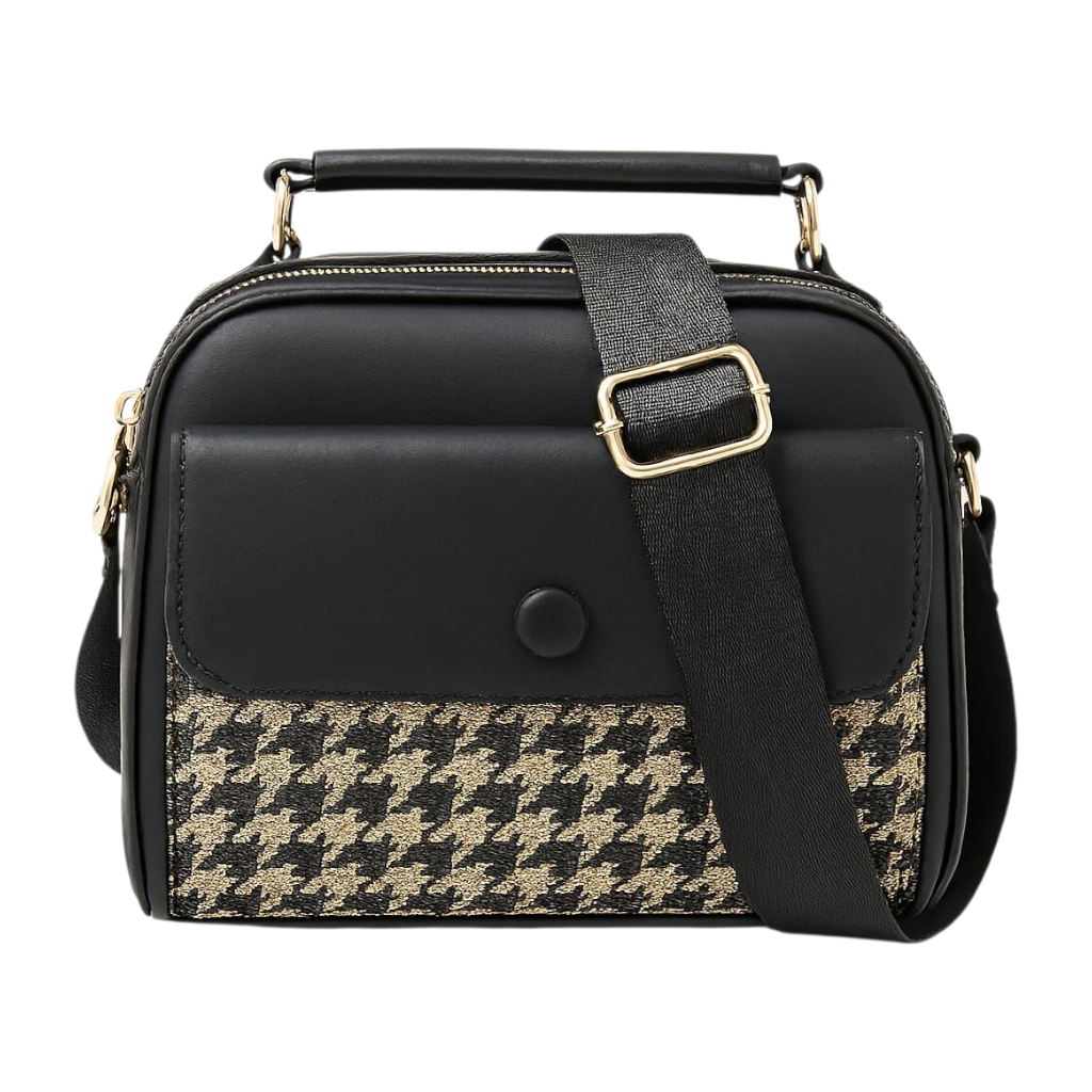 Black & Gold Houndstooth Crossbody Handbag with Adjustable Strap C26