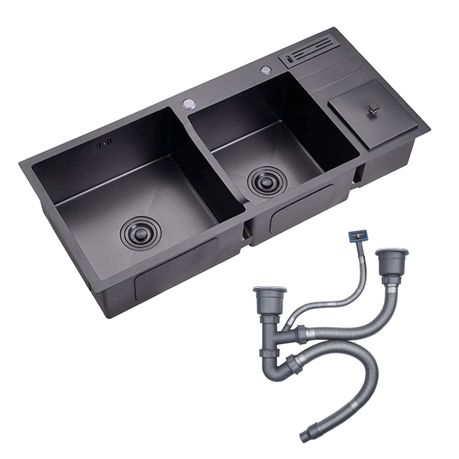 Double Bowl Kitchen Sink with Drainboard and Rubbish Bin100x45cm Image