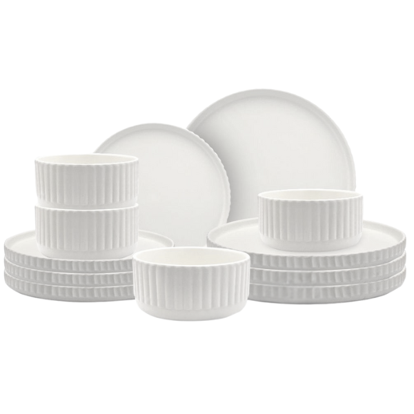 12-Piece White Ceramic Dinner Set - Ribbed Modern Classic Stoneware