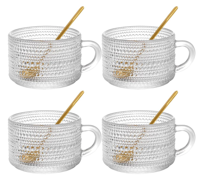 4 Vintage Glass Coffee Mugs with Gold Spoons