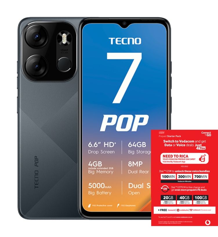 TECNO POP 7 64GB Dual Sim - Endless Black + Vodacom SIM Card Pack