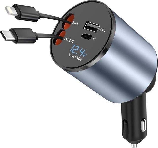 4 in 1 Retractable Car Charger,Fast Car Charger with Dual Retractable Cable