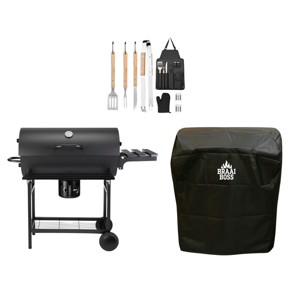 BraaiBoss 70cm Charcoal Barrel Braai - Shelves, Cover &amp; Braai Tool Set