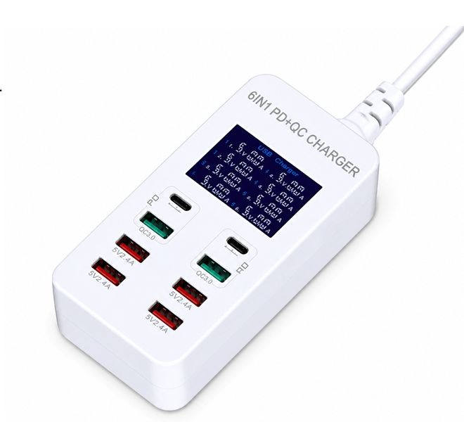 6-in-1 PD &amp; QC3.0 USB and USB C Fast Charging Station with Digital Display