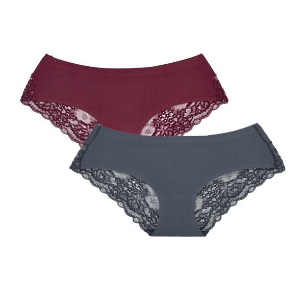 2 Pack Amila Silky Seamless Lace Underwear - Grey and Maroon