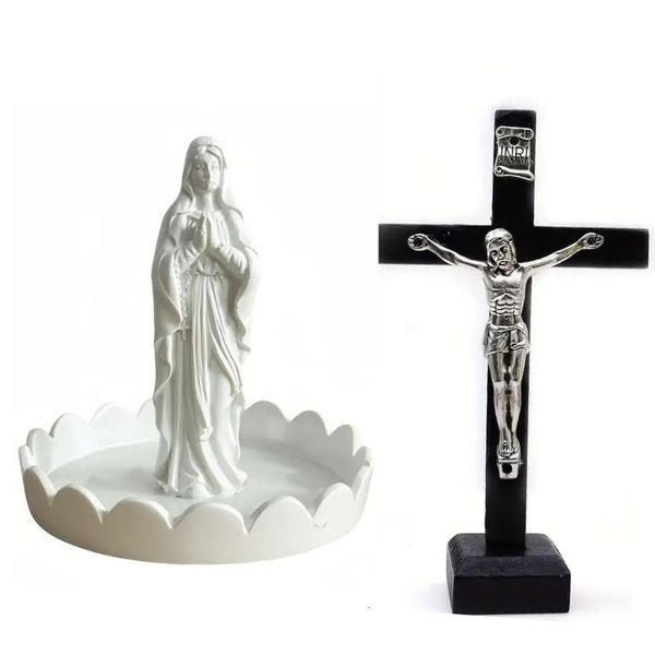 Virgin Mary Rosary Holder &amp; Standing Crucifix Combo - Catholic Devotion Set
