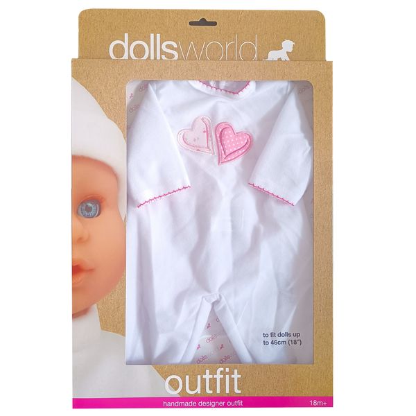 Baby Dolls Clothes White Onesie Outfit with Pink Hearts, Cute, Pretend