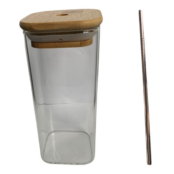 Water Bottle 380ml Glass With Bamboo Lid &amp; Straw Square