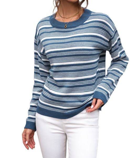 Women's Crew Neck Striped Long Sleeve Sweater Top 100% Acrylic Pullover