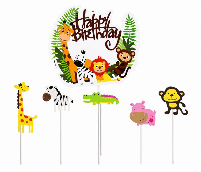 Cake Topper Cupcake Decor Kit - Happy Bday "Wild Animal" Party Event Set