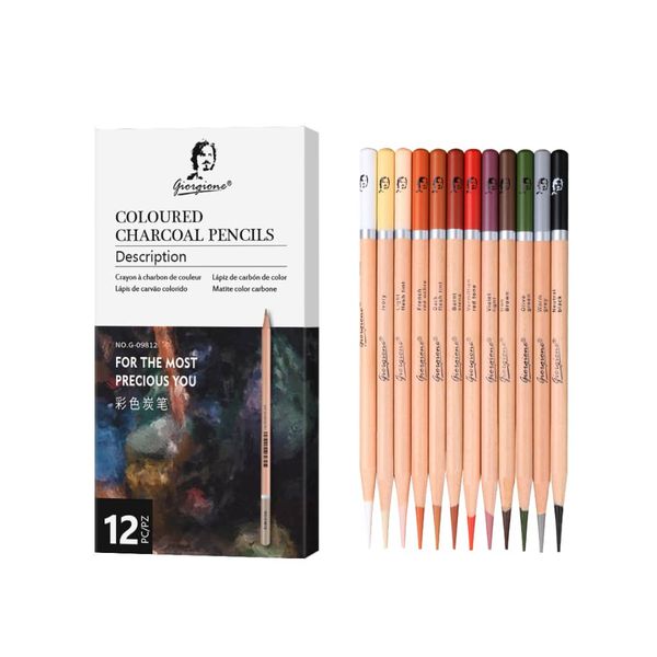 Professional 12pcs Coloured Charcoal Pencil Hard 4mm Lead Core