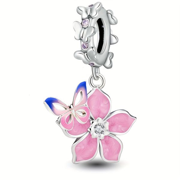 Sterling Silver Plated Charm - Pink Flower And Little Butterfly