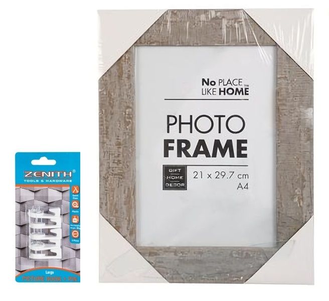 Set of 2 Picture Frame Wood Stressed A4 - Hanging Hooks Included
