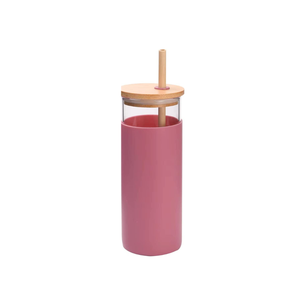 Pruchef - 500ml Silicone Sleeve Glass Bottles With Bamboo Lid &amp; Straw
