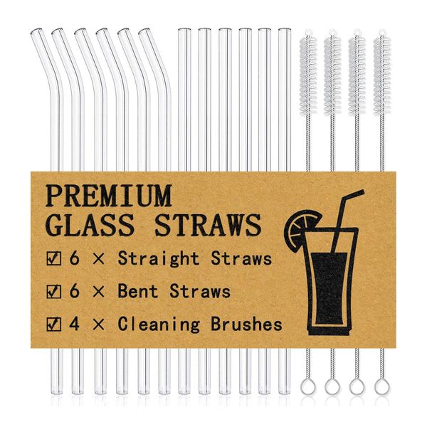 QYNIAL 16-Pack Reusable Glass Straws - 8.5" Straight &amp; Bent with Brushes