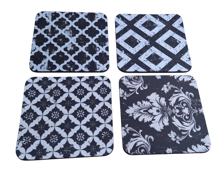 4-Piece Square Coaster Set with Rubber Backing - Black &amp; White Patterns