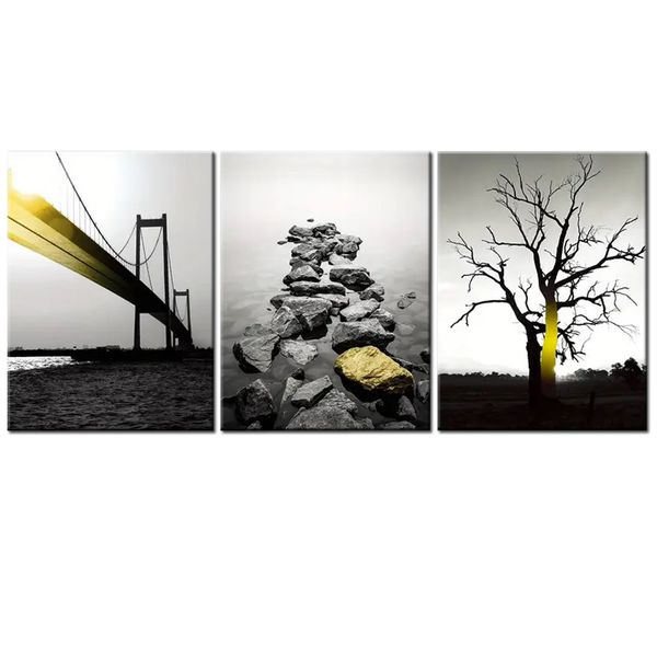 Canvas-Art-3 Pieces Yellow Brigde,Stone &amp; Tree Black &amp; White Wall Art
