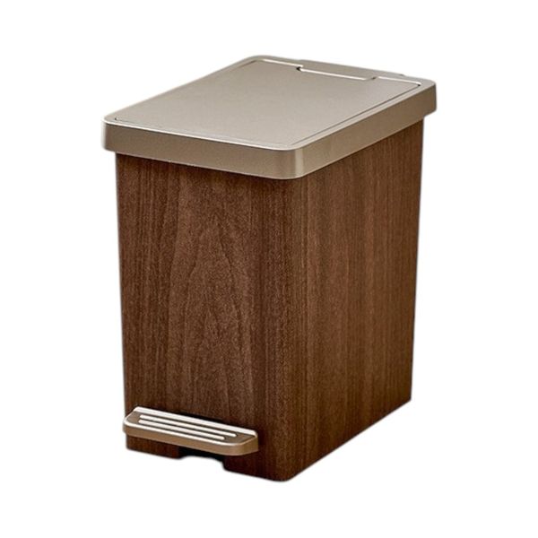 Modern Nordic Wood Grain Trash Can With Foot Pedal - 12L - Brown/Rose Gold