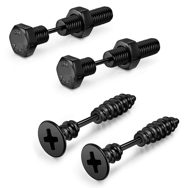 2 Pairs Stainless Steel Punk Screw-On Earring Studs-Cool Piercing Jewelry
