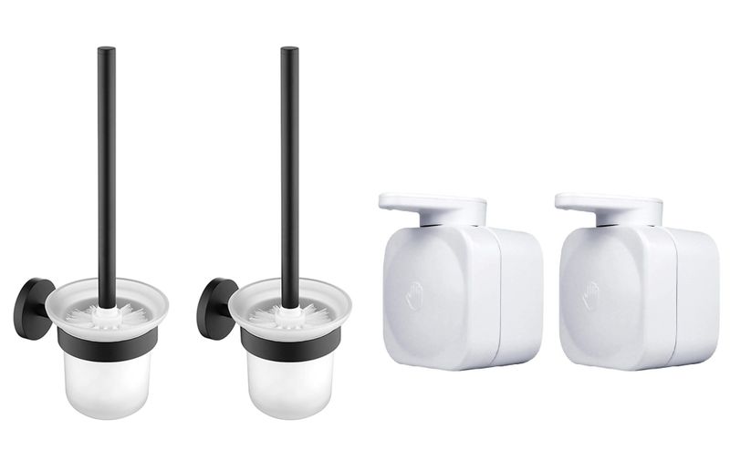Stainless Steel Round Toilet Brush &amp; Holder With Soap Dispenser - Pack of 4