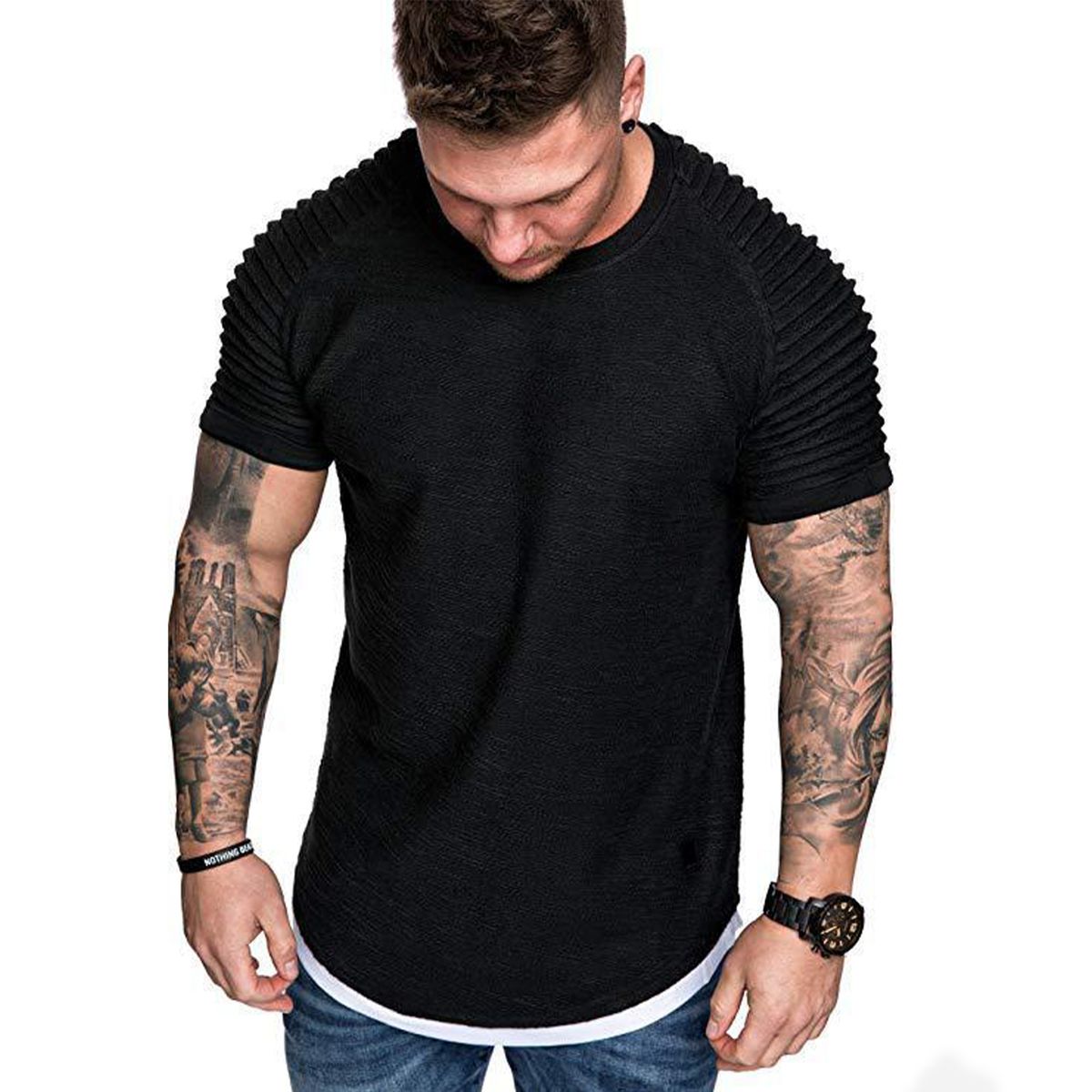 Men Short Sleeve T Shirt Wrinkled Casual Blouse Tops Summer Muscle ...