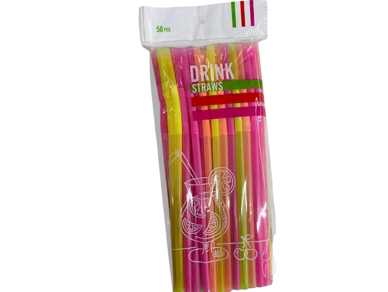 50 Piece Flexible Neon Drinking Straws Pack Bendable Party Straws
