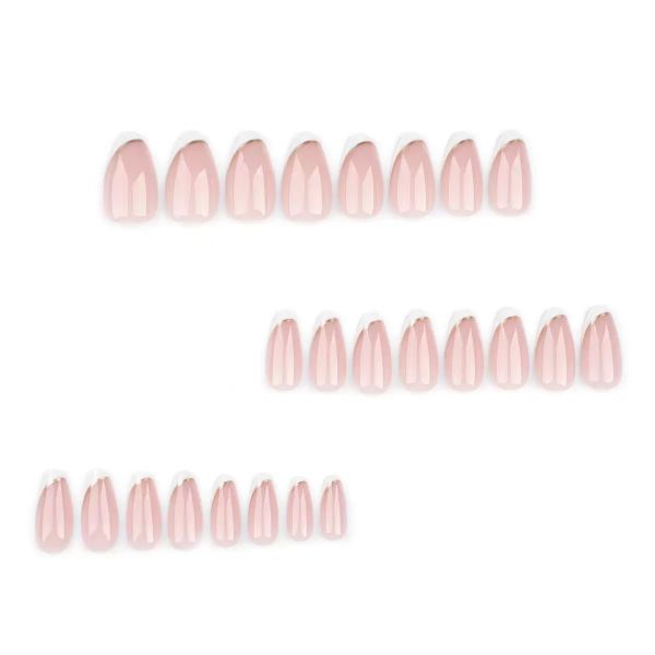 French White Slanted Nail Art Paired With Gold Striped False Nails