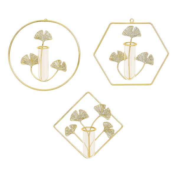 3 Piece Ginkgo Leaf Hanging Planters with Glass Tubes - Gold