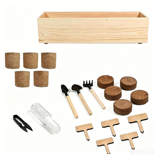 Indoor Herb Garden Tools Kit Wooden Box &amp; 5 Burlap Planters &amp; Soil Discs