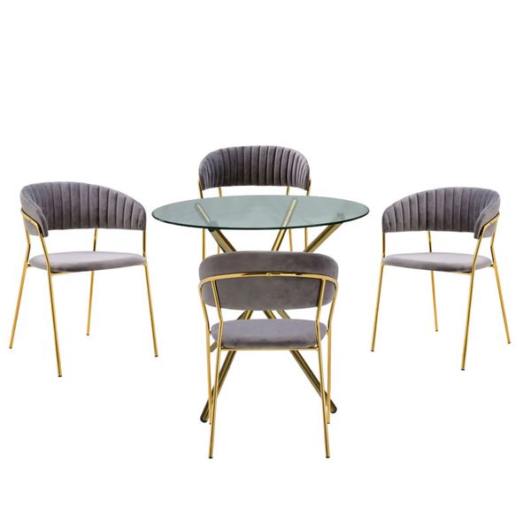 Round Glass Table with 4 Modern Velvet and Gold Metal Dining Chairs