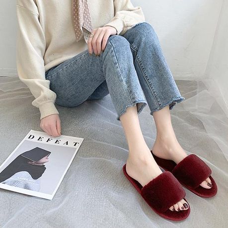 Womens fluffy slip on slippers hot sale