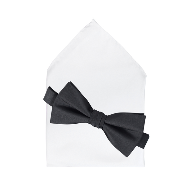 Black Satin Bow Tie and White Pocket Square Set