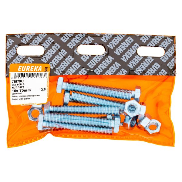 EUREKA Set Screw &amp; Nut Galvanised 10 x 75mm Q:8 7BI70U