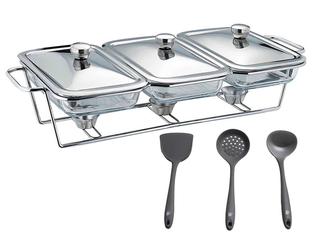 LMA 1.5L x 3 Glass Pan Chafing Dish wth Metal Frame Lids & Silicon