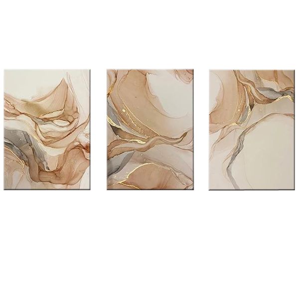 Canvas-Art-3 Pieces Beige &amp; Golden Mable Modern Abstract Wall Art