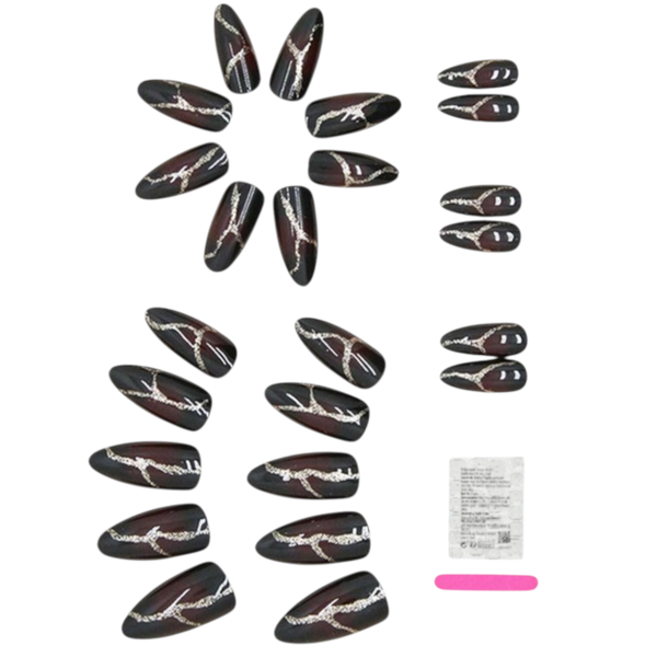 24Piece Midnight Sparkle Almond Shaped Press-On Nails Set - Black &amp; Gold
