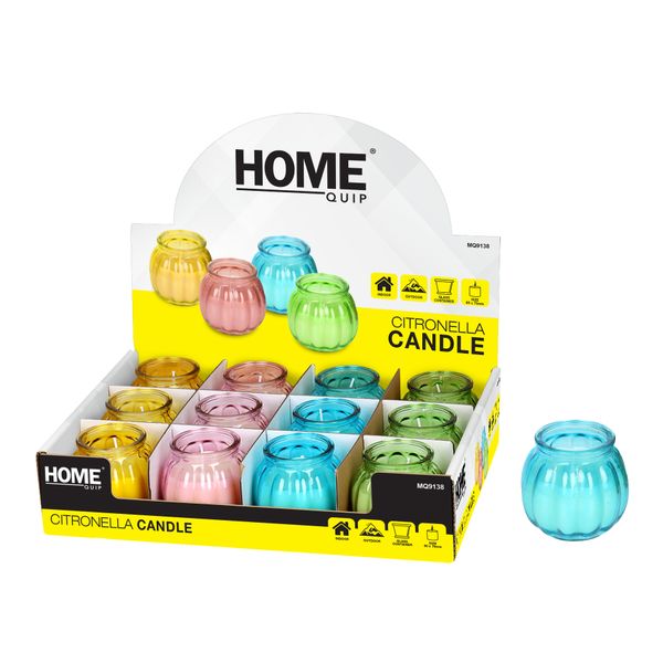 Home Quip Citronella Candles in Glass Pots Assorted Colours - 12 pack
