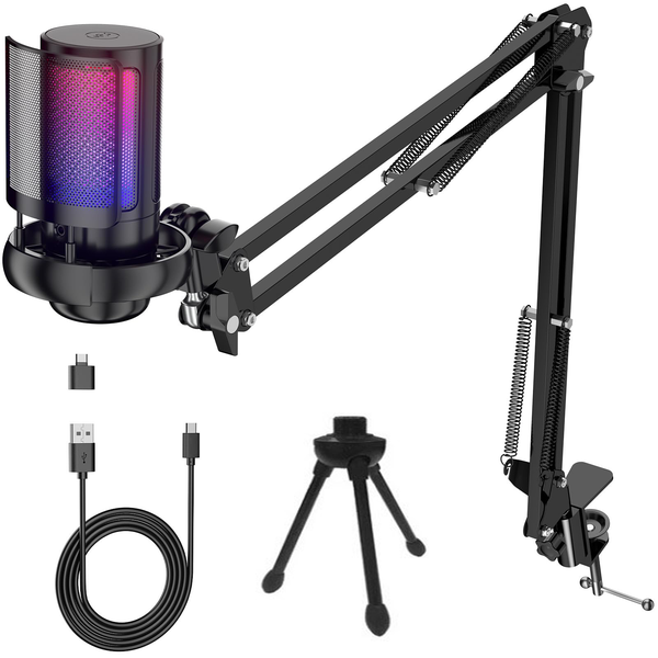 RGB Gaming Microphone USB Mic With Boom Arm Pop Filter Tripod For Streaming