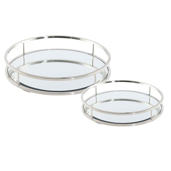 Set of 2 Round Substantial Mirrored Indoor Elegant Serving Trays