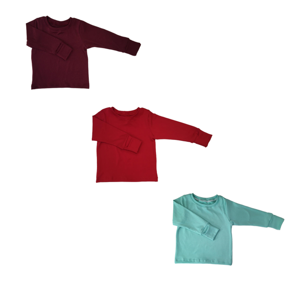 Baby Toddler Shirt x3 -Fold Over Cuffs- Maroon, Red &amp; Teal