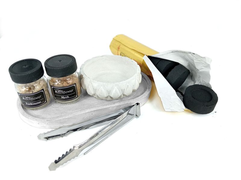 Raw Myrrh &amp; Frankincense Incense Resin Burning Kit - Cement Bowl &amp;Tray