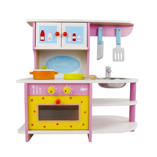 Children Simulation Wooden Utensils &amp; Kitchen Gas Stove Play Set - Pink